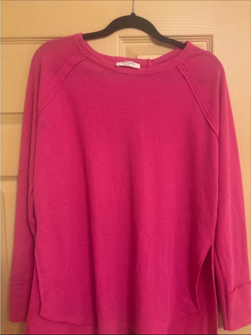 Zenana Outfitters Bright Pink Waffle-Knit Long Sleeve Top size large